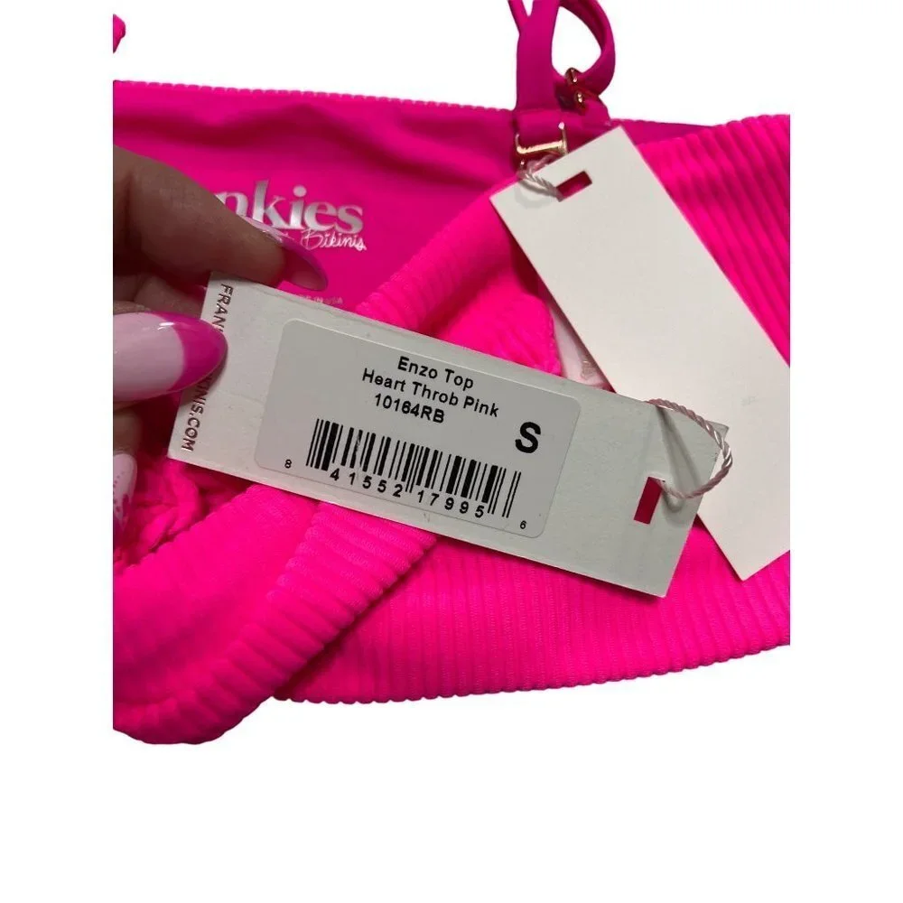 NWT Frankie's Bikinis Enzo Tie Front Bikini Top Heart Throb Pink-sz Small